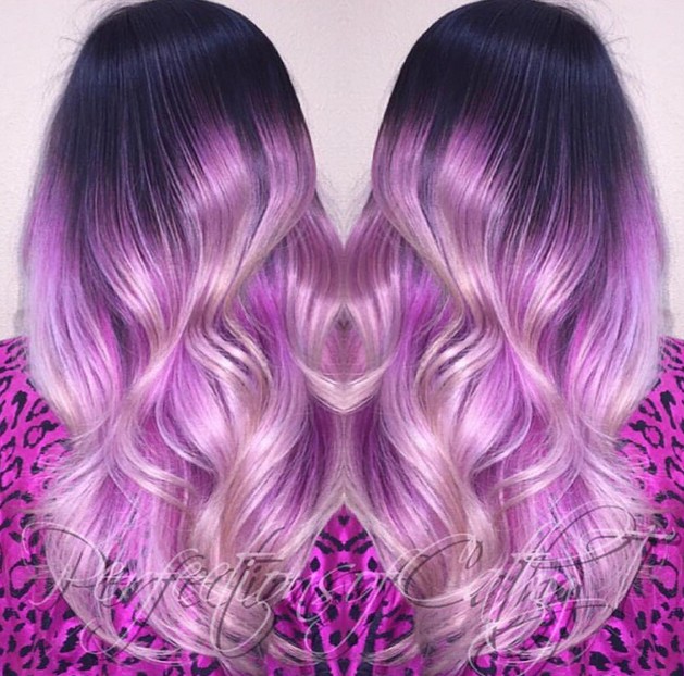 Pastel dark to purple ombre hair for long wavy hair