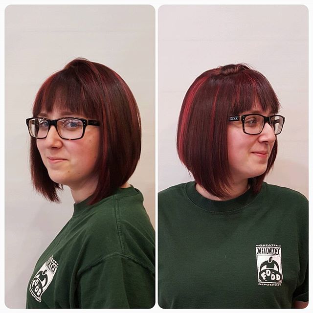 Red Highlighted short Stacked Bob Hairstyle with glasses