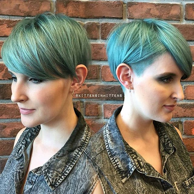 colorful hair -sahved pixie cut -greeen hair color ideas - short pixie hairstyle with bangs