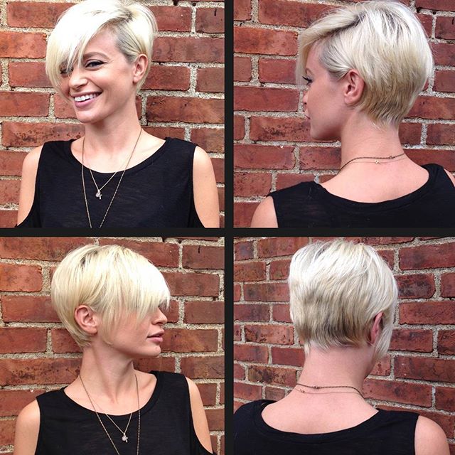 short blonde pixie cut with long bangs