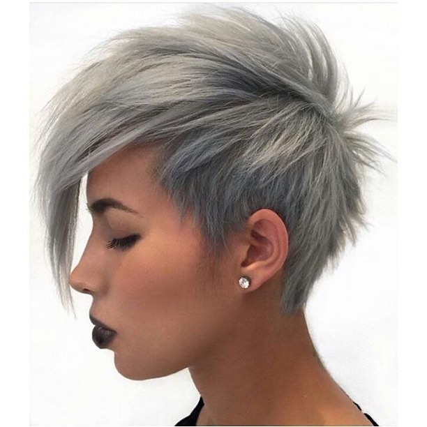 trendy short gray pixie hairstyle with bangs