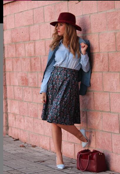 Floral Midi Skirt with Maroon Hat