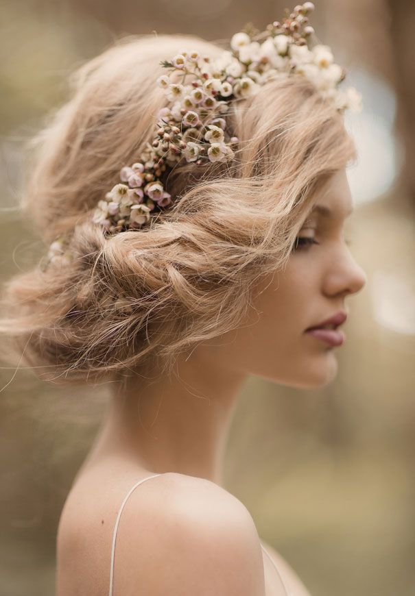 Messy Updo with Floral Crown for Brides