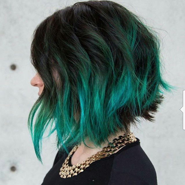 Messy dark to green ombre Bob Hairstyle