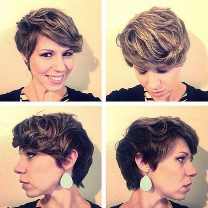 long curly pixie hairstyle with bangs