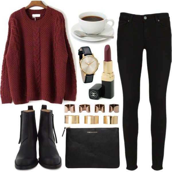 Maroon Sweater with Black Jeans and Boots