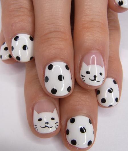 Cats and Dots Nail Design for Short Nails