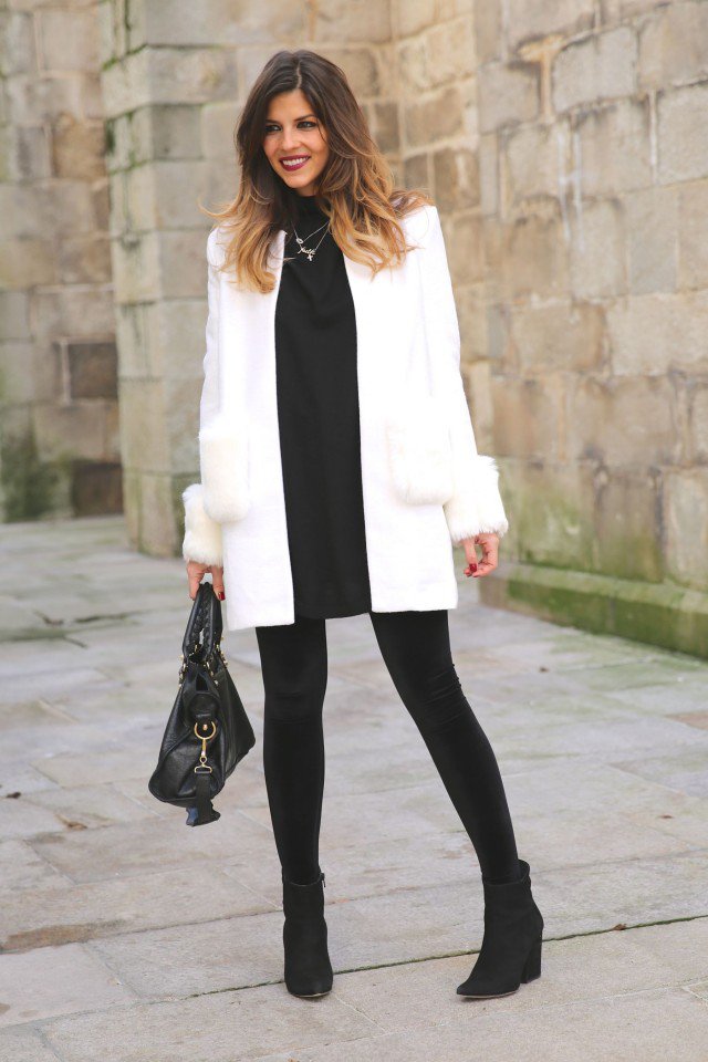 White Coat with Black Velvet Leggings